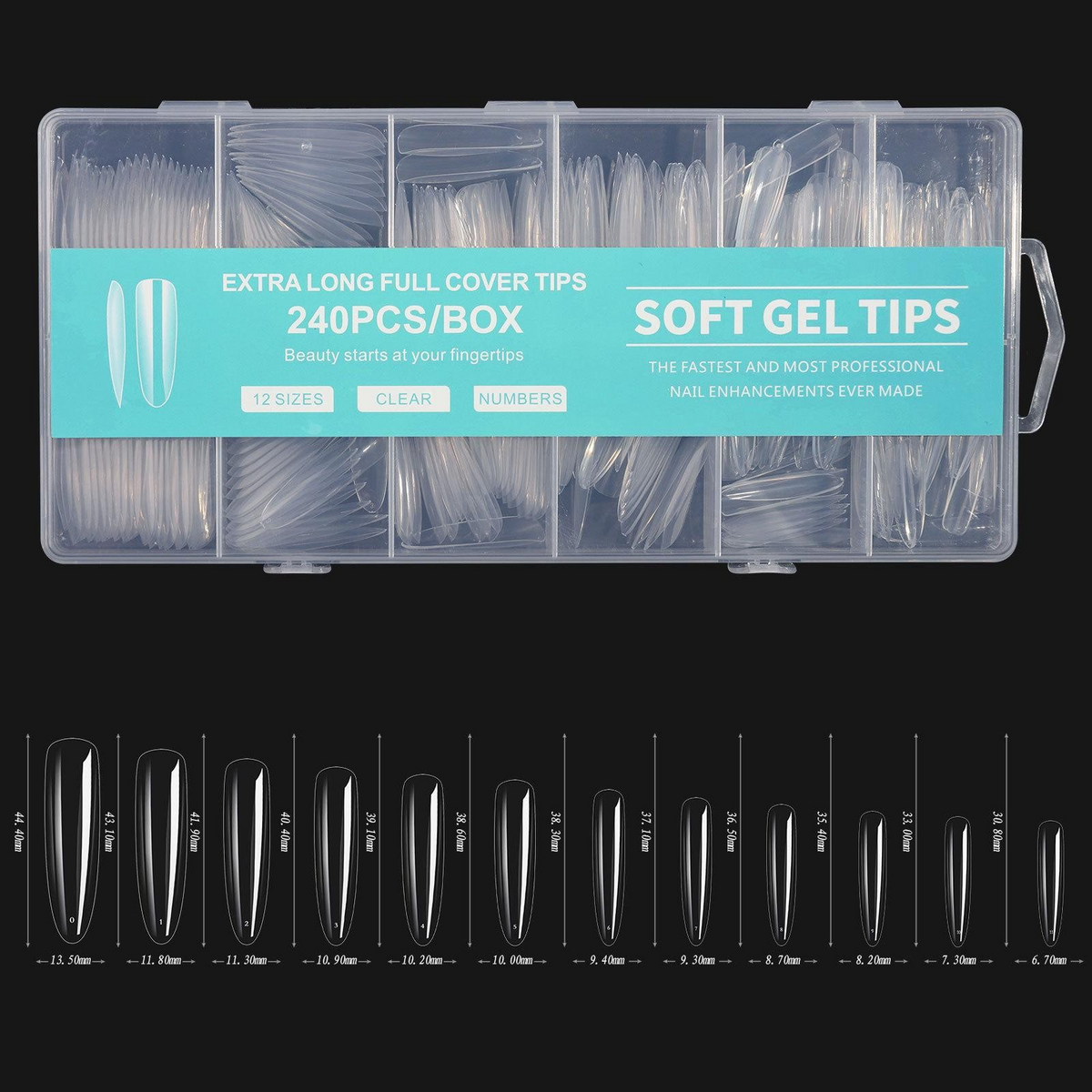 Tipsuri unghii soft, format extra lung, N.05, culoare transparent, 12 dimensiuni, 240 buc
