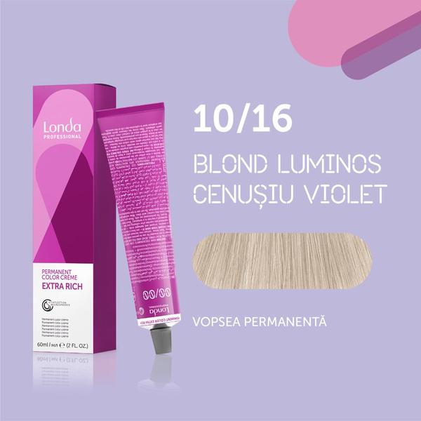 Vopsea de păr Extra Rich Permanent Color 10/16, Blond luminos cenușiu violet, 60 ml, Londa Professional