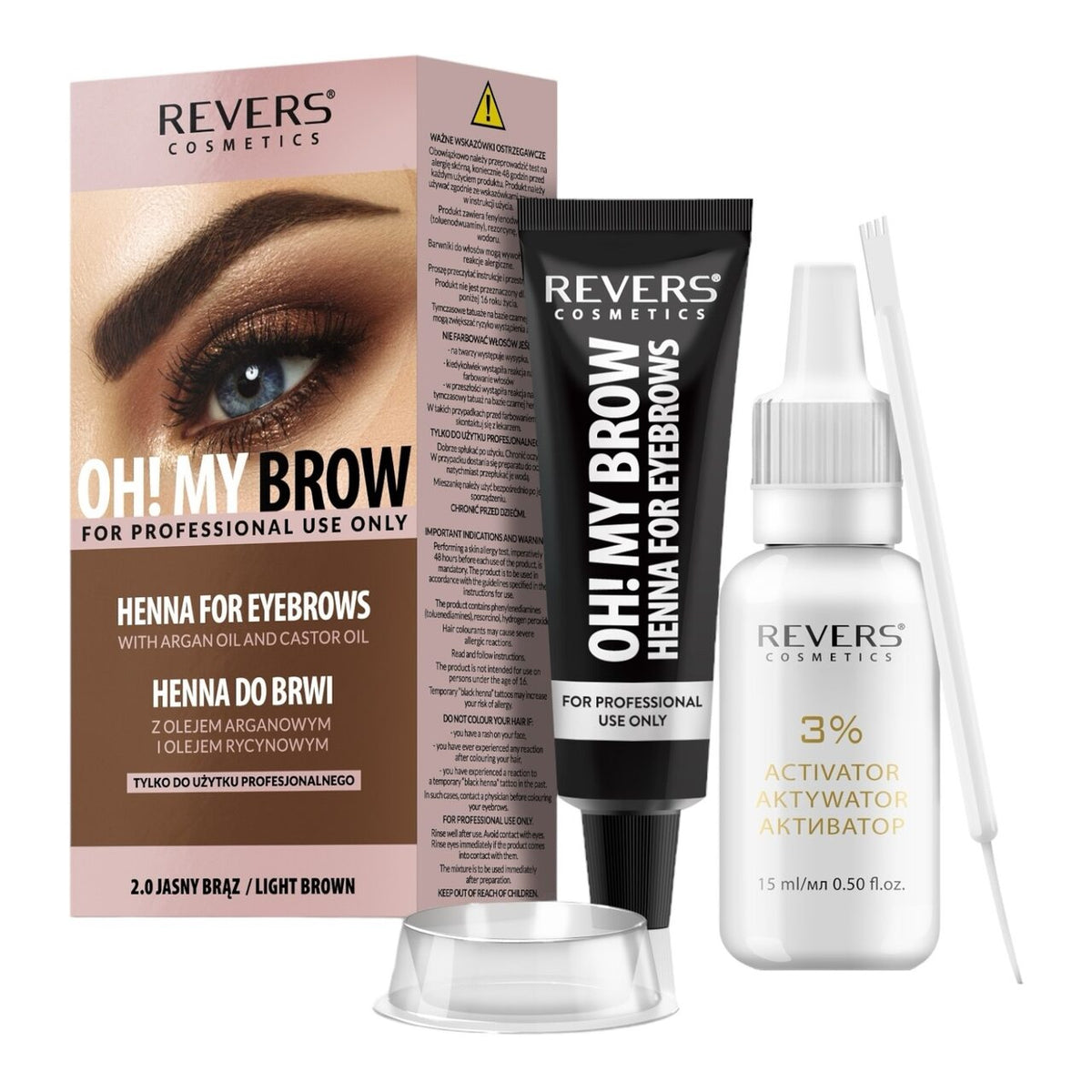 Vopsea pentru sprâncene Henna Oh! My Brow, N.2.0 Maro deschis, 30 ml, Revers Cosmetics