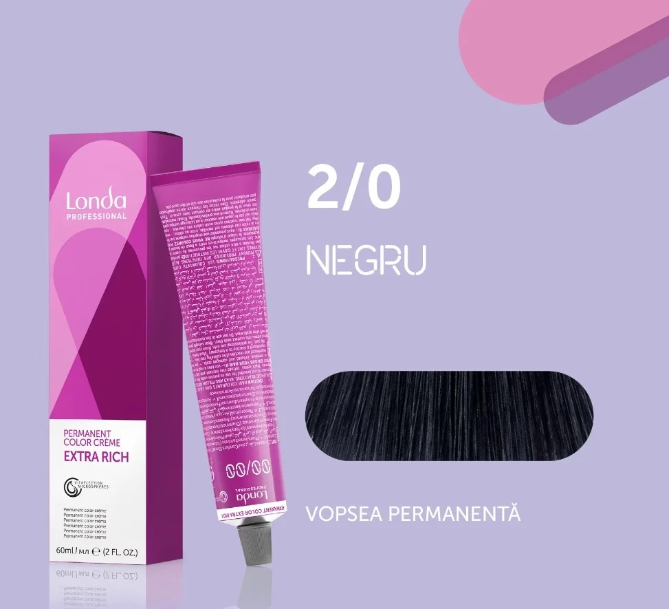 Vopsea de păr Extra Rich Permanent Color 2/0, Negru, 60 ml, Londa Professional