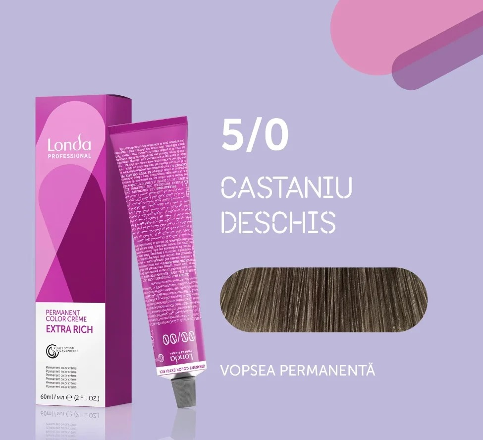 Vopsea de păr Extra Rich Permanent Color 5/0, Castaniu deschis, 60 ml, Londa Professional