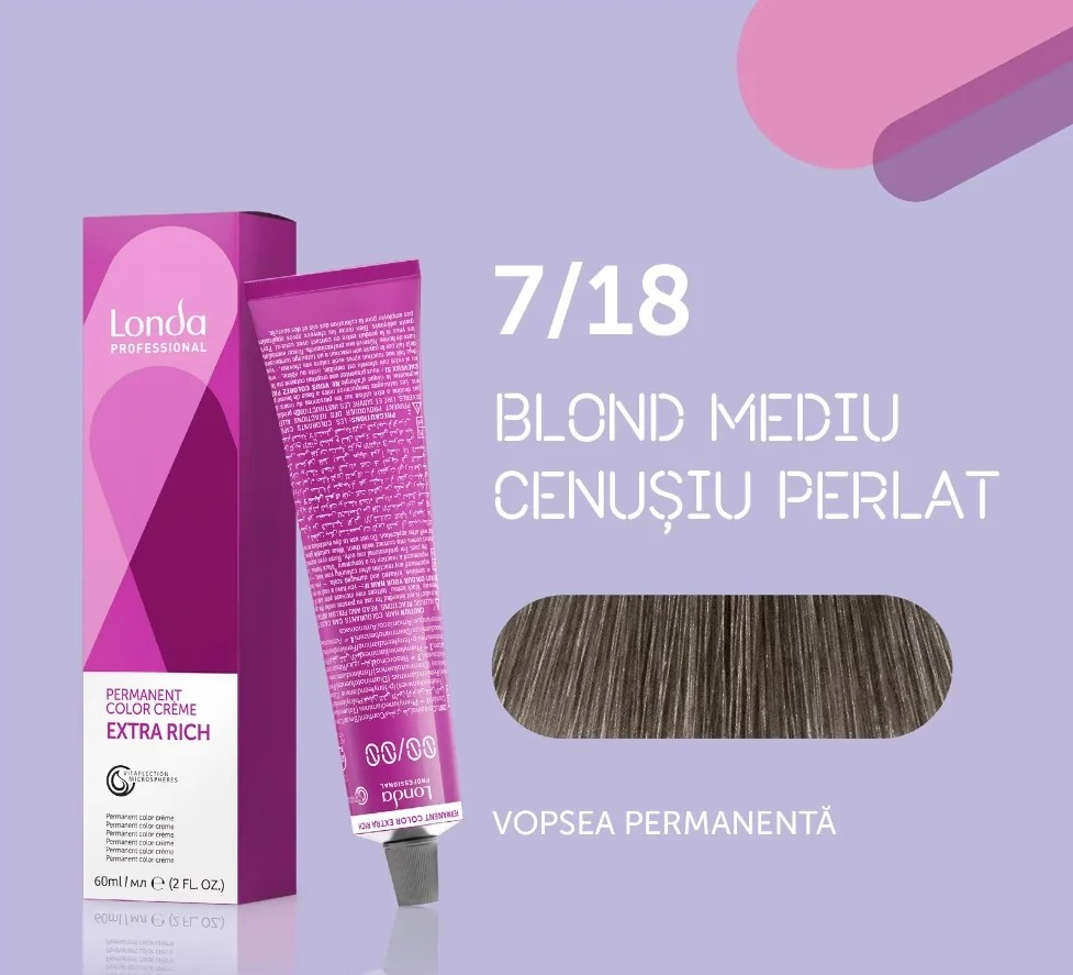 Vopsea de păr Extra Rich Permanent Color 7/18, Blond mediu cenușiu perlat, 60 ml, Londa Professional