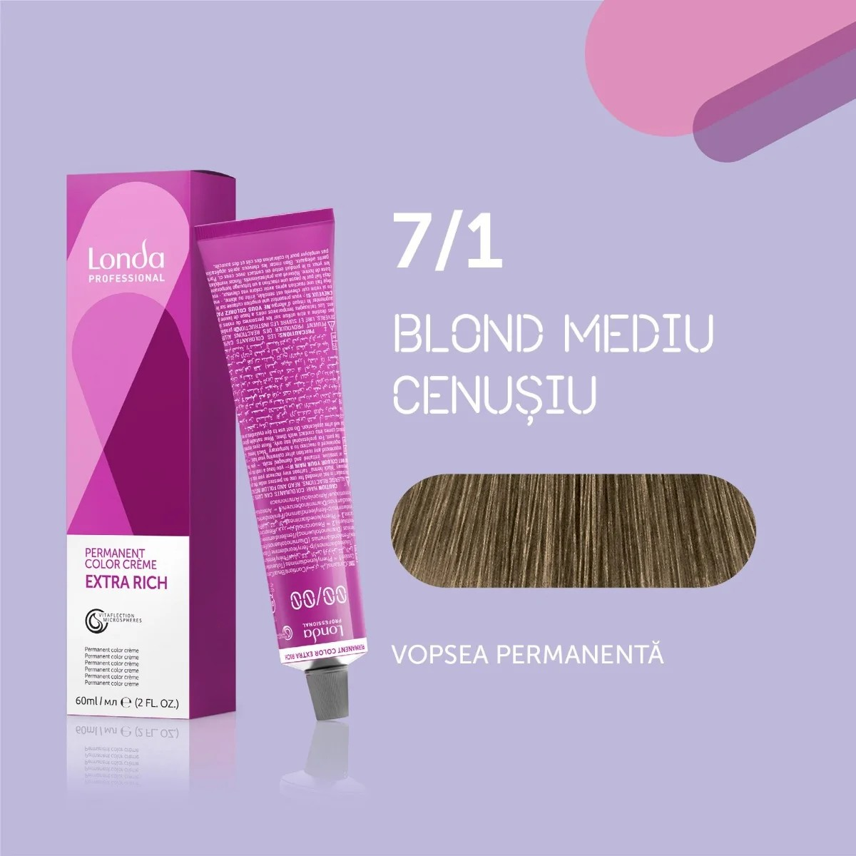 Vopsea de păr Extra Rich Permanent Color 7/1, Blond mediu cenușiu, 60 ml, Londa Professional