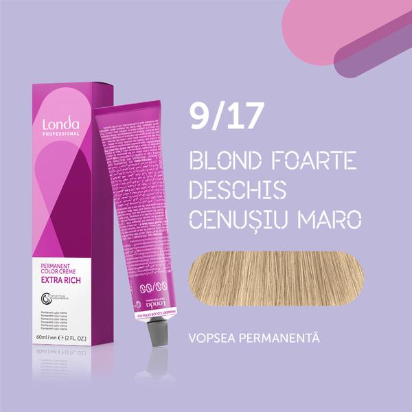 Vopsea de păr Extra Rich Permanent Color 9/17, Blond foarte deschis cenușiu maro, 60 ml, Londa Professional