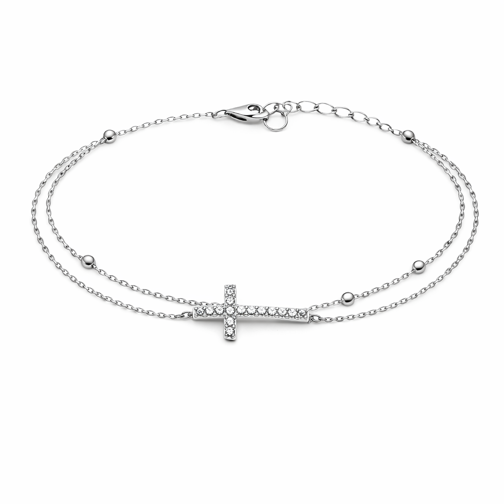 Brățară din argint 925 „double layer sparkling cross”, COD B169, sistem de închidere reglabil, cu prelungire