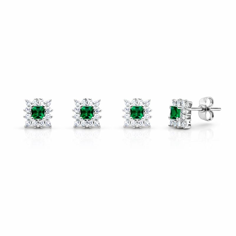 Cercei din argint 925 „emerald square halo”, COD 314, sistem de închidere tip tijă cu șurub