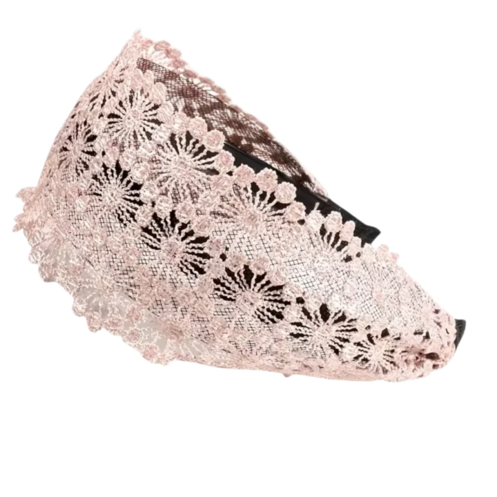 Coroniță de păr din dantelă perforată, model floral, culoare roz-pudrat