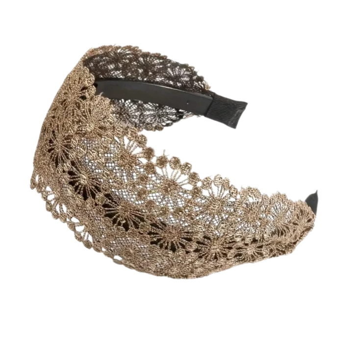 Coroniță de păr din dantelă perforată, model floral, culoare bej