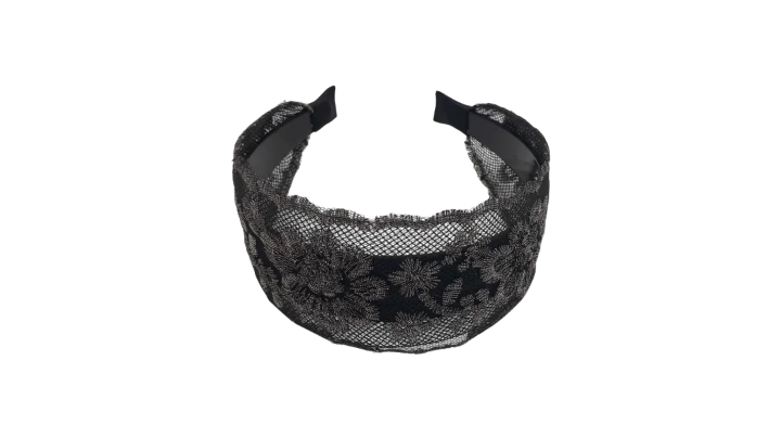 Coroniță de păr din dantelă florală pe plasă fină, culoare neagră