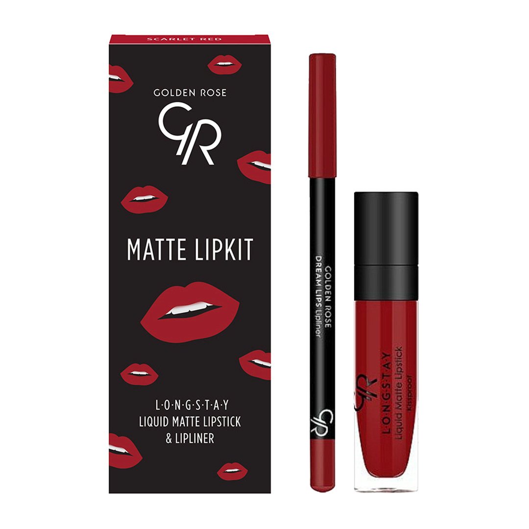 Set pentru buze Matte Lip Kit Scarlet Red, Ruj lichid Longstay Matte N.18 + Creion Dream N.527, Golden Rose