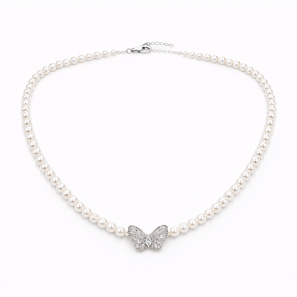 Colier din argint 925 „pearl butterfly”, COD C235, sistem de închidere reglabil, cu prelungire