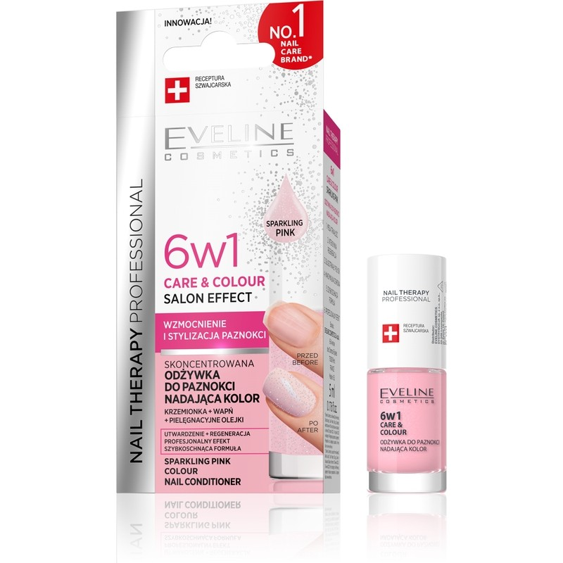 Tratament pentru unghii 6 în 1 Care & Colour Sparkling pink, 5 ml, Eveline Cosmetics