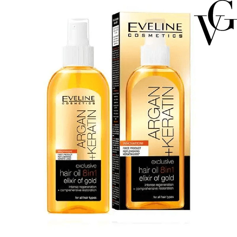 Ulei de păr 8 în 1 Argan + Keratin „Elixir of Gold”, 150 ml, Eveline Cosmetics