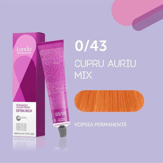 Vopsea de păr Extra Rich Permanent Color 0/43, Cupru auriu mix, 60 ml, Londa Professional