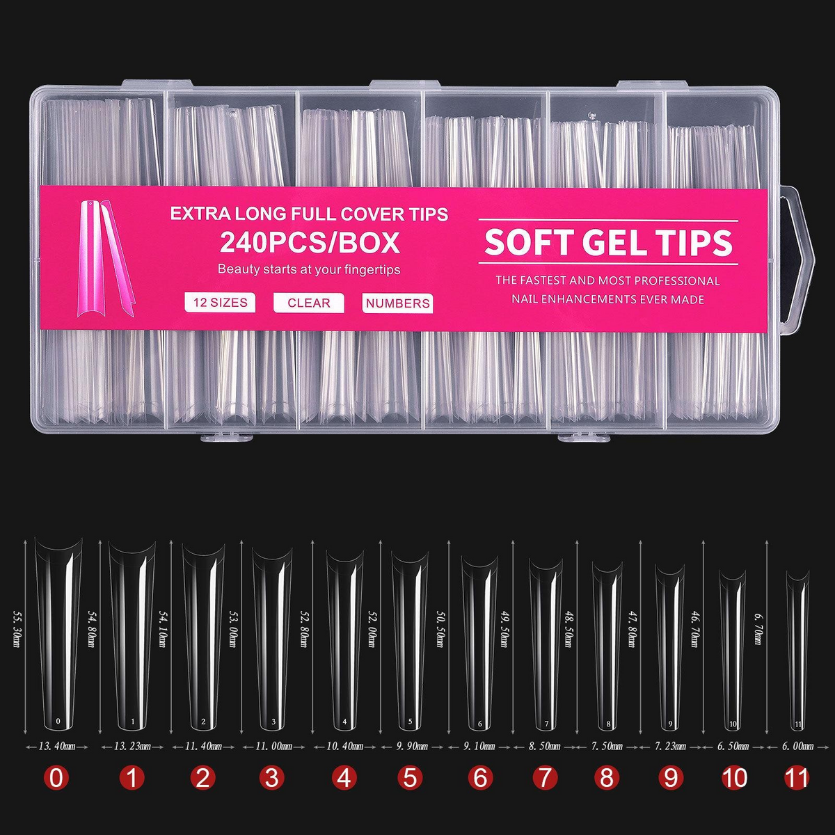 Tipsuri unghii soft, format extra lung, N.01, culoare transparent, 12 dimensiuni, 240 buc