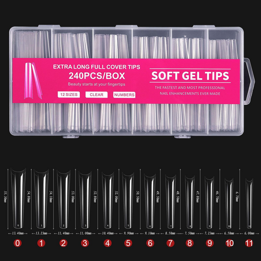 Tipsuri unghii soft, format extra lung, N.01, culoare transparent, 12 dimensiuni, 240 buc
