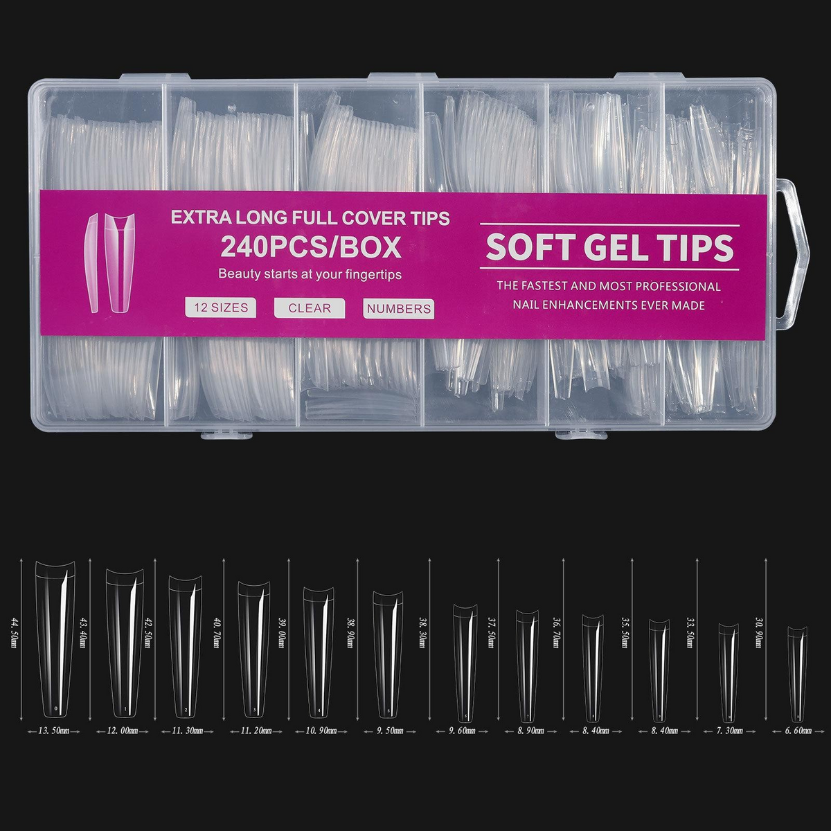Tipsuri unghii soft, format extra lung, N.02, culoare transparent, 12 dimensiuni, 240 buc
