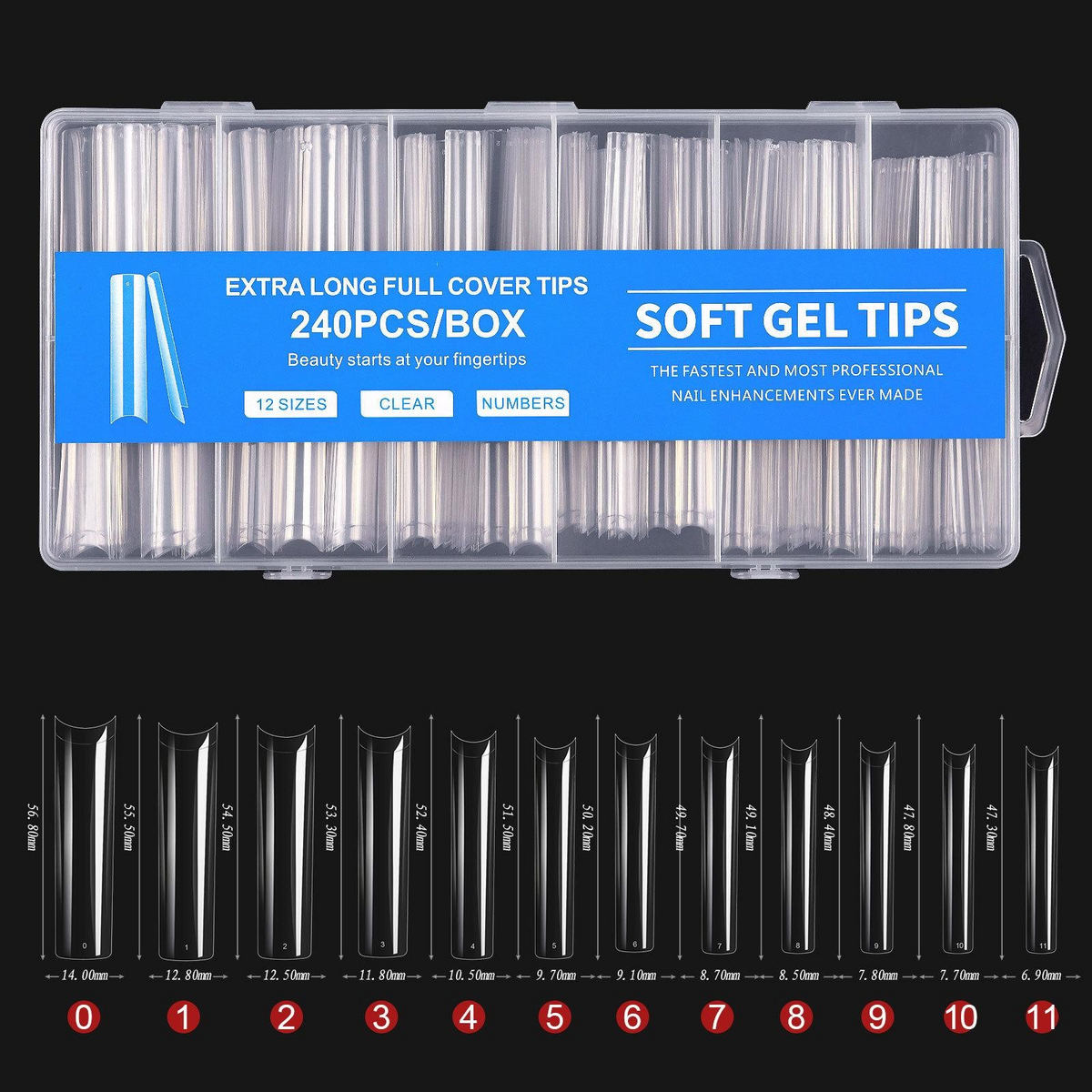 Tipsuri unghii soft, format extra lung, N.04, culoare transparent, 12 dimensiuni, 240 buc