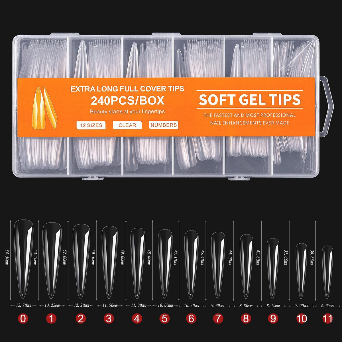 Tipsuri unghii soft, format extra lung, N.08, culoare transparent, 12 dimensiuni, 240 buc
