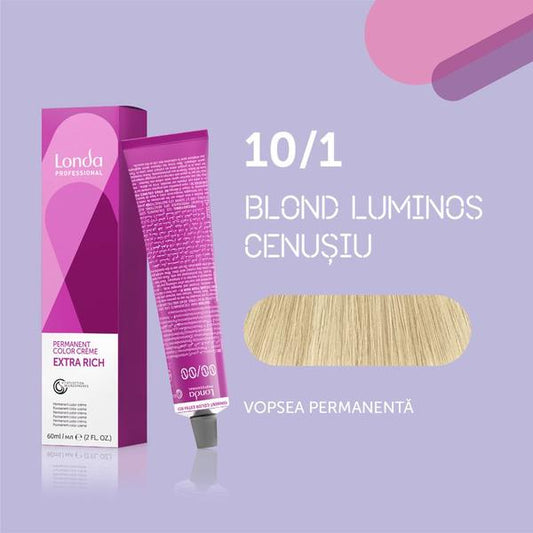 Vopsea de păr Extra Rich Permanent Color 10/1, Blond luminos cenușiu, 60 ml, Londa Professional