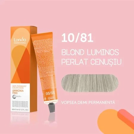 Vopsea de păr demi-permanentă fără amoniac 10/81, Blond luminos perlat cenușiu, 60 ml, Londa Professional