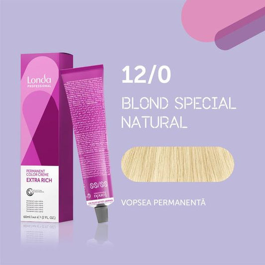 Vopsea de păr Extra Rich Permanent Color 12/0, Blond special natural, 60 ml, Londa Professional