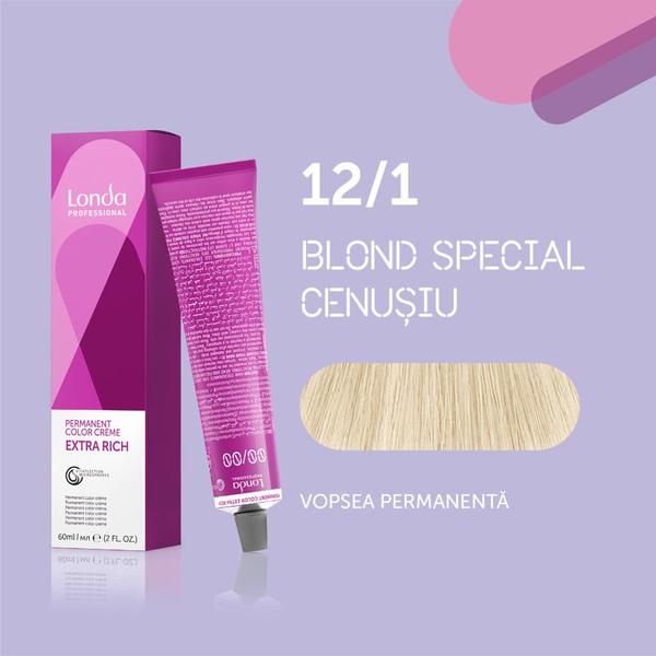 Vopsea de păr Extra Rich Permanent Color 12/1, Blond special cenușiu, 60 ml, Londa Professional
