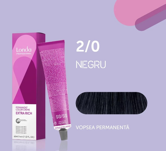 Vopsea de păr Extra Rich Permanent Color 2/0, Negru, 60 ml, Londa Professional
