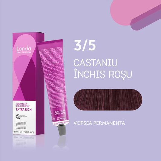 Vopsea de păr Extra Rich Permanent Color 3/5, Castaniu închis roșu, 60 ml, Londa Professional