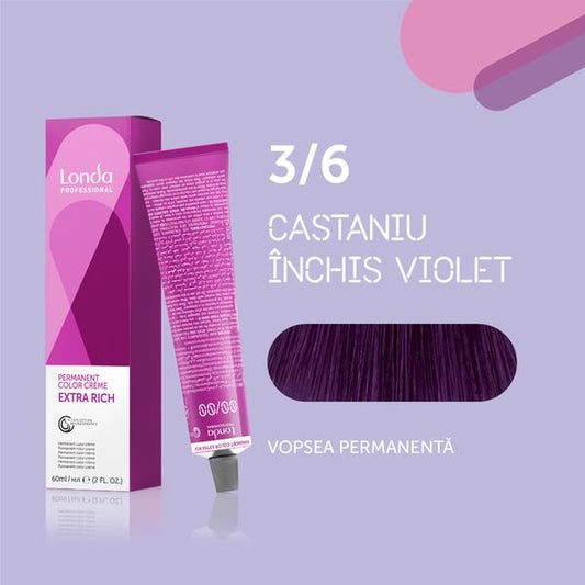Vopsea de păr Extra Rich Permanent Color 3/6, Castaniu închis violet, 60 ml, Londa Professional