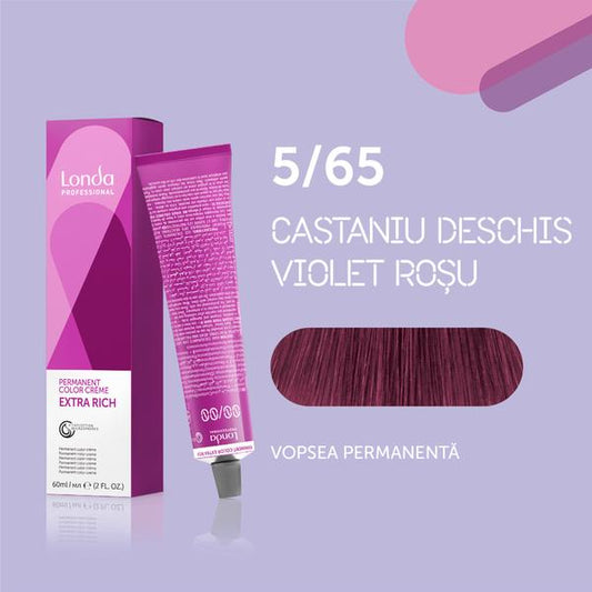 Vopsea de păr Extra Rich Permanent Color 5/65, Castaniu deschis violet roșu, 60 ml, Londa Professional