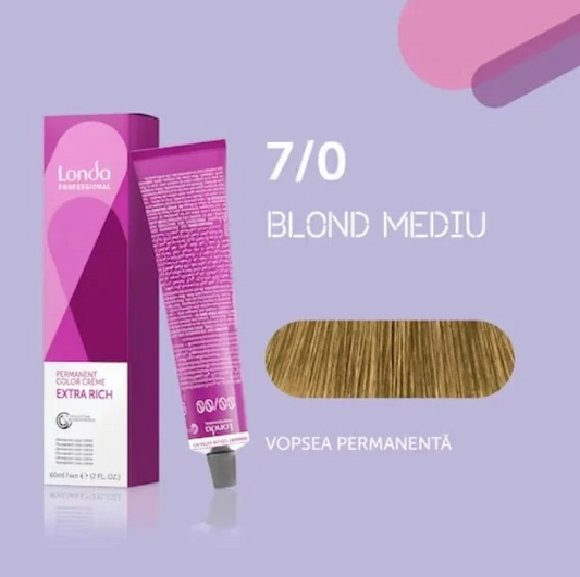 Vopsea de păr Extra Rich Permanent Color 7/0, Blond mediu, 60 ml, Londa Professional