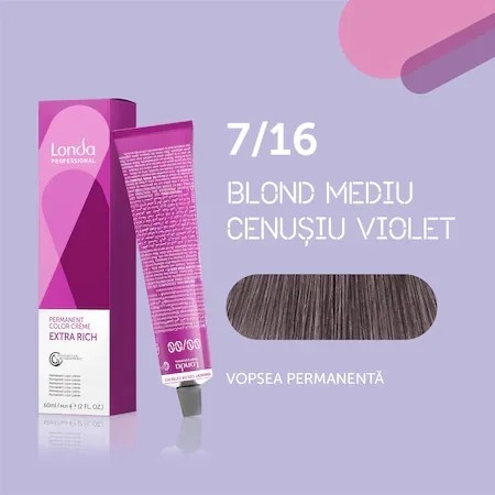 Vopsea de păr Extra Rich Permanent Color 7/16, Blond mediu cenușiu violet, 60 ml, Londa Professional