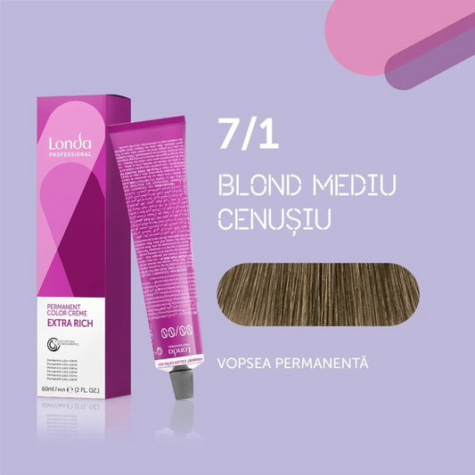 Vopsea de păr Extra Rich Permanent Color 7/1, Blond mediu cenușiu, 60 ml, Londa Professional