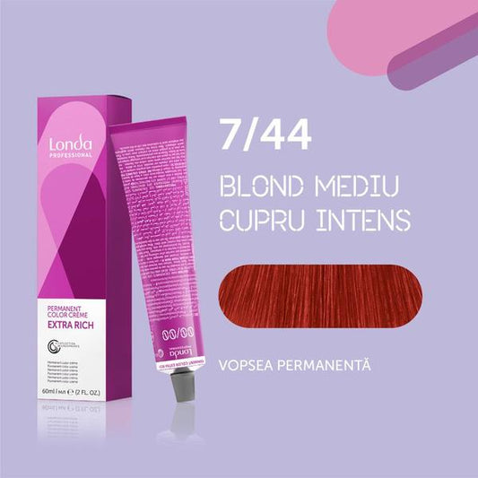 Vopsea de păr Extra Rich Permanent Color 7/44, Blond mediu cupru intens, 60 ml, Londa Professional