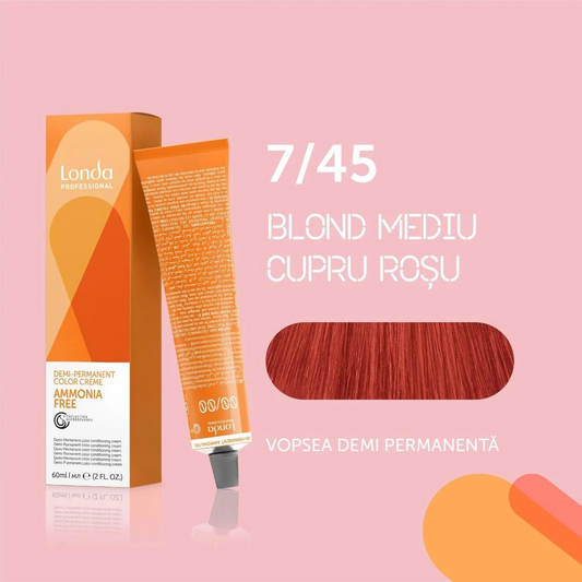 Vopsea de păr demi-permanentă fără amoniac 7/45, Blond mediu cupru roșu, 60 ml, Londa Professional