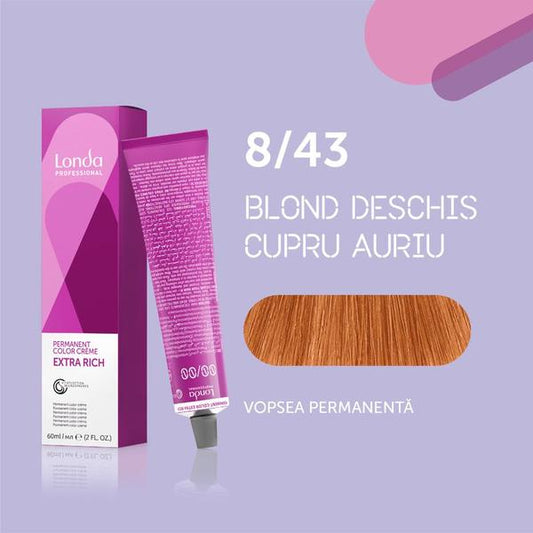 Vopsea de păr Extra Rich Permanent Color 8/43, Blond deschis cupru auriu, 60 ml, Londa Professional