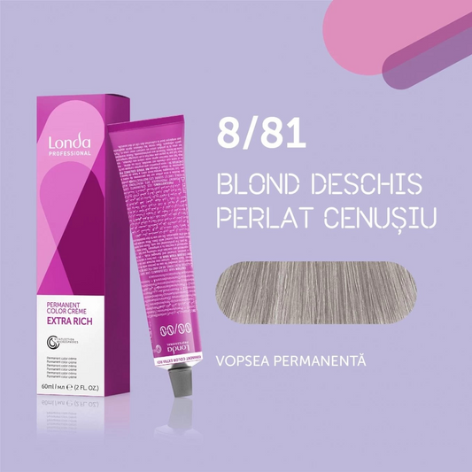 Vopsea de păr Extra Rich Permanent Color 8/81, Blond deschis perlat cenușiu, 60 ml, Londa Professional