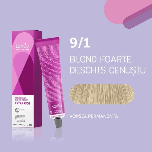 Vopsea de păr Extra Rich Permanent Color 9/1, Blond foarte deschis cenușiu, 60 ml, Londa Professional