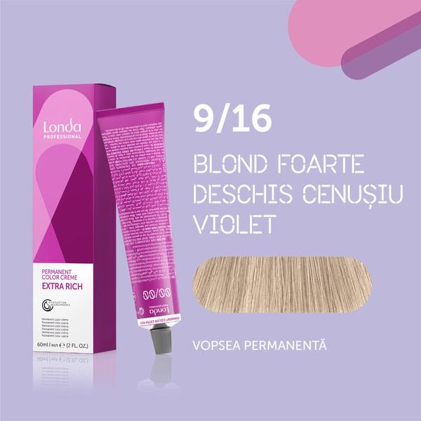 Vopsea de păr Extra Rich Permanent Color 9/16, Blond foarte deschis cenușiu violet, 60 ml, Londa Professional