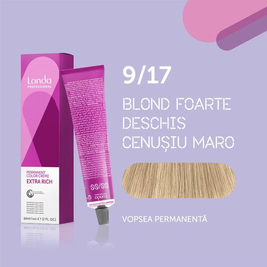 Vopsea de păr Extra Rich Permanent Color 9/17, Blond foarte deschis cenușiu maro, 60 ml, Londa Professional