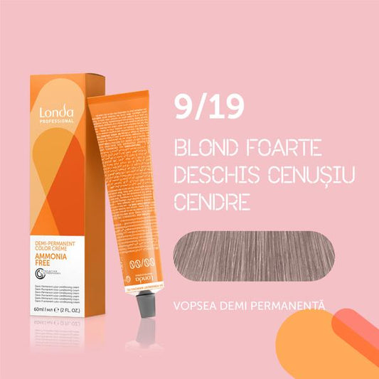 Vopsea de păr demi-permanentă fără amoniac 9/19, Blond foarte deschis cenușiu cendre, 60 ml, Londa Professional
