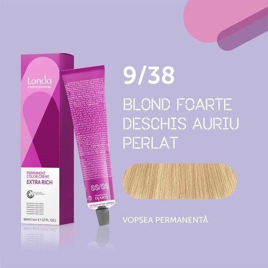 Vopsea de păr Extra Rich Permanent Color 9/38, Blond foarte deschis auriu perlat, 60 ml, Londa Professional