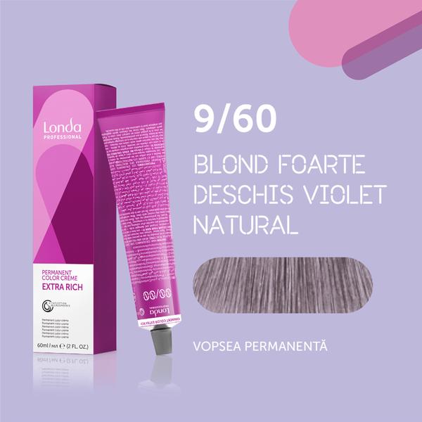 Vopsea de păr Extra Rich Permanent Color 9/60, Blond foarte deschis violet natural, 60 ml, Londa Professional