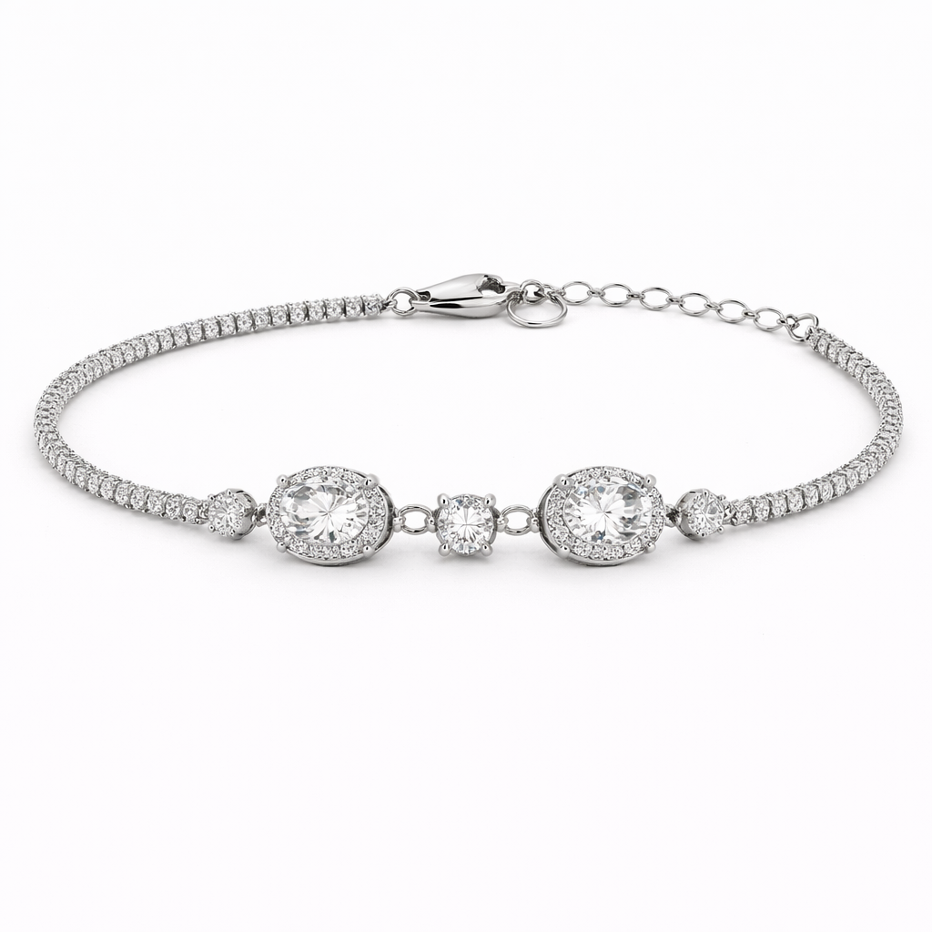 Brățară din argint 925 „oval halo glamour”, COD B196, sistem de închidere reglabil, cu prelungire
