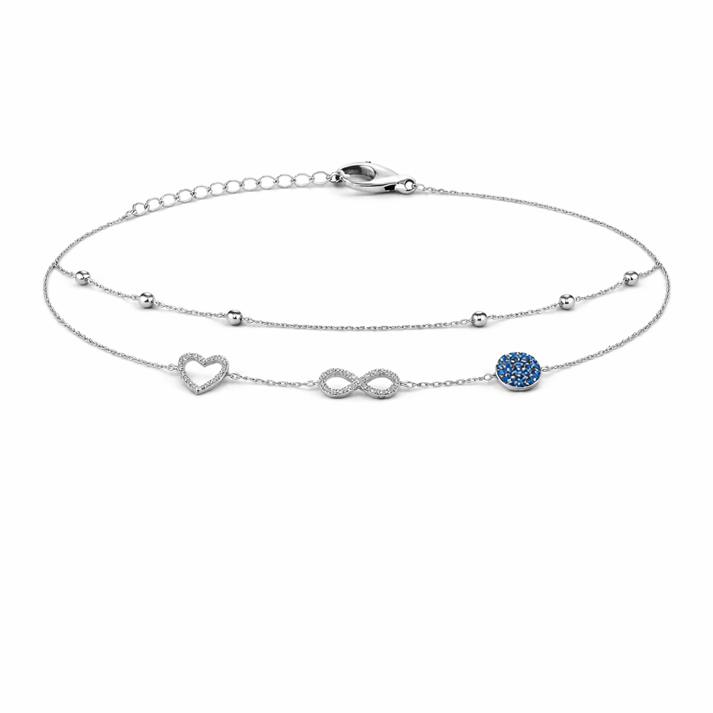 Brățară din argint 925 „eternal blue infinity & heart”, COD B169, sistem de închidere reglabil, cu prelungire