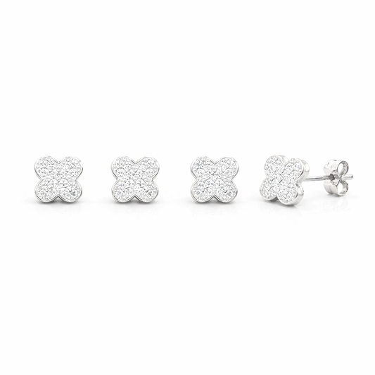 Cercei din argint 925 „crystal clover pavé”, COD 314, sistem de închidere tip tijă cu șurub