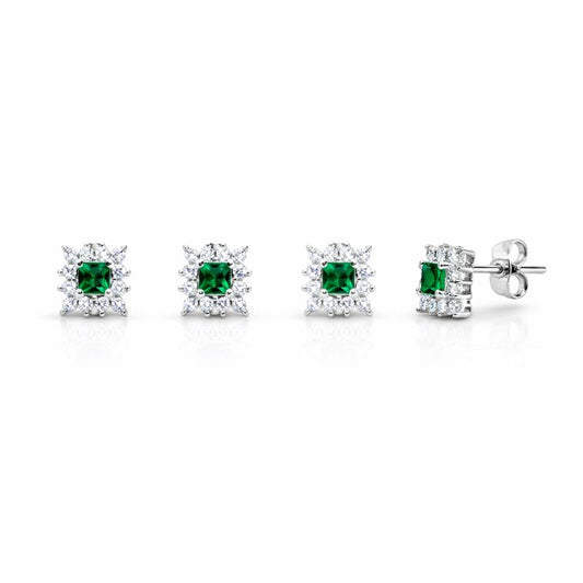 Cercei din argint 925 „emerald square halo”, COD 314, sistem de închidere tip tijă cu șurub