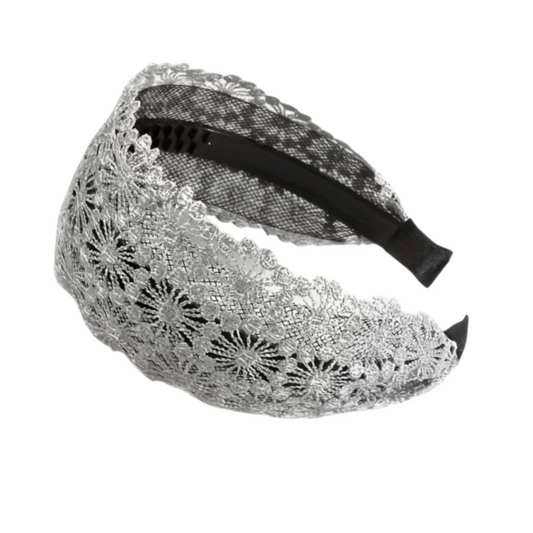 Coroniță de păr din dantelă perforată, model floral, culoare gri
