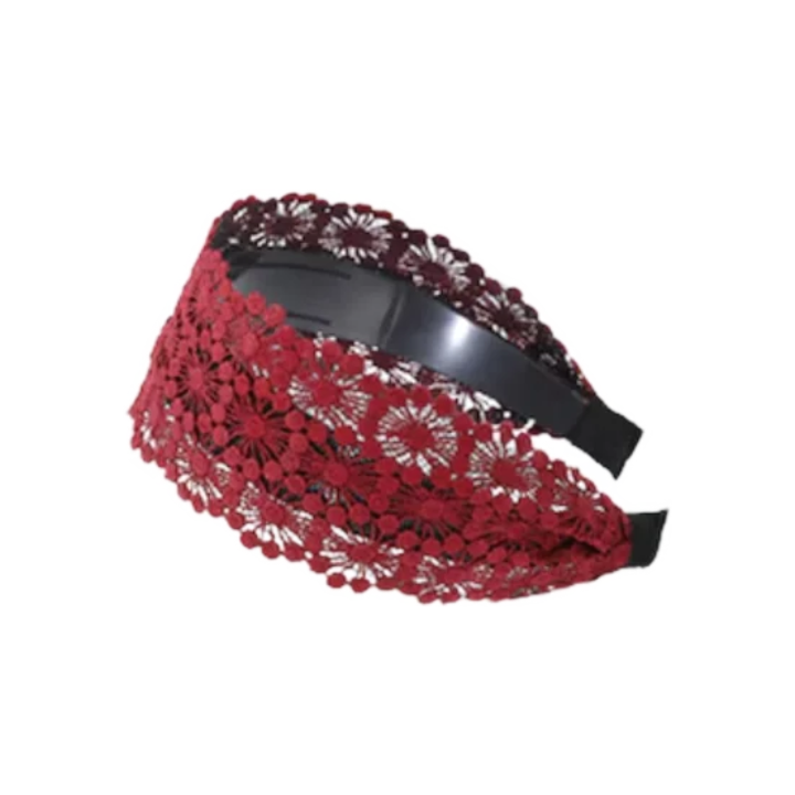 Coroniță de păr din dantelă perforată, model floral, culoare roșie